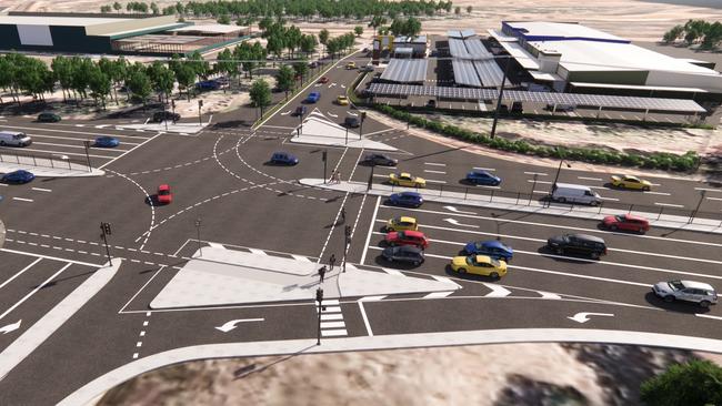 Concept art of a $6 million upgrade Dan Murphy’s would make to the intersection near its planned store which would see improved slip lanes and added pedestrian crossings to the Bagot Rd/Osgood Dr intersection. Picture: Supplied