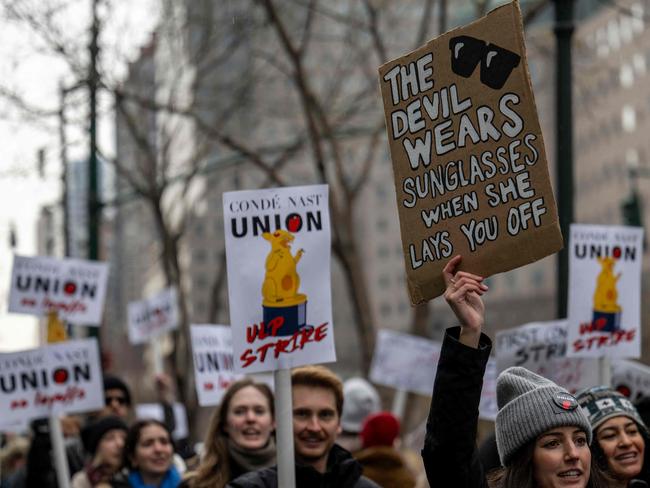 Unionised staff at Conde Nast walk the picket line during a 24 hour walk out amid lay-off announcement in front of the One World Trade Center in New York. Picture: Angela Weiss/AFP