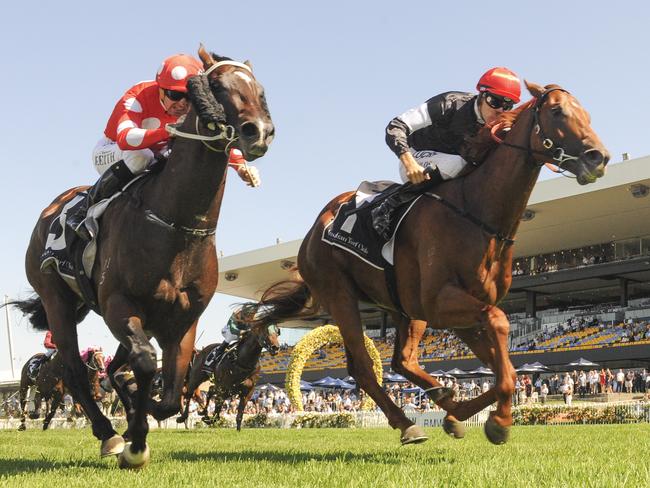 Written By (right) wins the Group 2 Pago Pago Stakes at Rosehill.