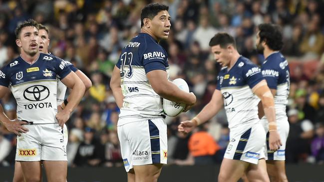 BRISBANE, AUSTRALIA - MAY 15: Jason Taumalolo of the Cowboys watches a video review during the round X10 NRL match between the Sydney Roosters and the North Queensland Cowboys at Suncorp Stadium, on May 15, 2021, in Brisbane, Australia. (Photo by Albert Perez/Getty Images)