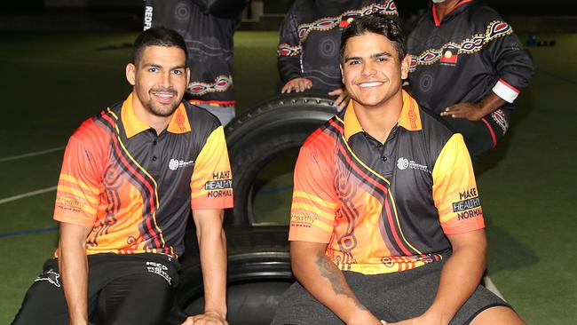 Cody Walker (left) and Latrell Mitchell are proud of their Indigenous heritage and will put it all on show during Indigenous round. Picture: Danny Aarons