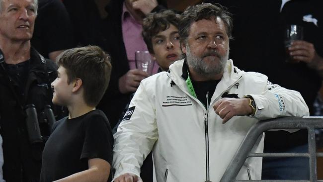 Russell Crowe during the First Semi Final between the South Sydney Rabbitohs and the Manly Sea Eagles in week 2 of the NRL Finals Series at ANZ Stadium in Sydney, Friday, September 20, 2019. (AAP Image/Dean Lewins) NO ARCHIVING, EDITORIAL USE ONLY