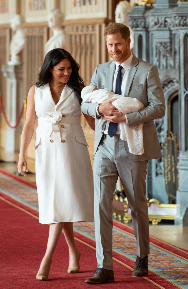 Prince Harry carried ‘Baby Sussex’ — as he was then known — when the family of three fronted the media for the first time today. Picture: Getty Images