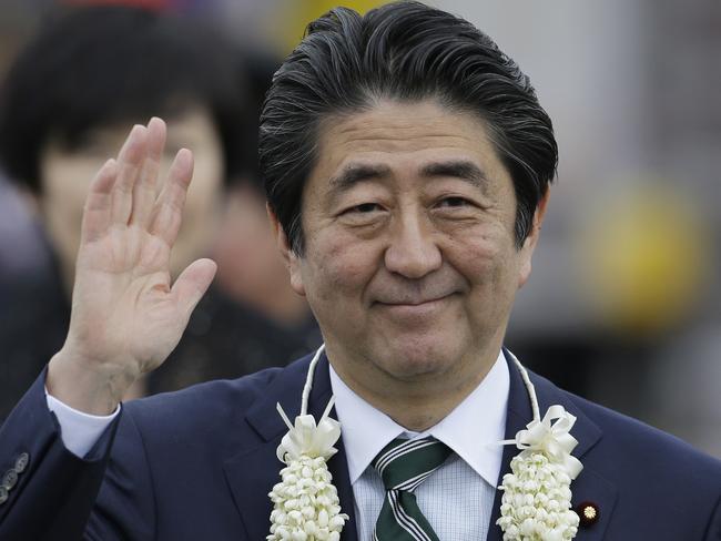 Japanese Prime Minister Shinzo Abe arriving at Manila airport in the Philippines. Picture: AP