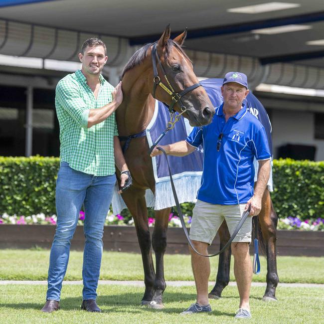 Broncos star Corey Oates with trainer Toby Edmonds and The Harrovian. Picture: Michael McInally