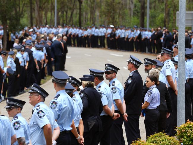 Guard of honour at the memorial service with full police honours for constables Rachel McCrow and Matthew Arnold at Brisbane Entertainment Centre. Picture: David Clark