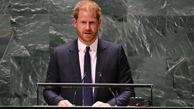 Prince Harry delivers the keynote address during the UN Nelson Mandela Prize award ceremony in New York this week. Picture: AFP