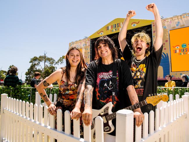 Band Manager Rachel Whitford and musicians Aston Valladares and Dan Steinert who play in the band Towns inside of a socially distanced ÃpodÃ at the Summer Sounds festival which will be happening in Bonython Park over summer in Adelaide, Thursday, January 7, 2020. (The Advertiser/ Morgan Sette)