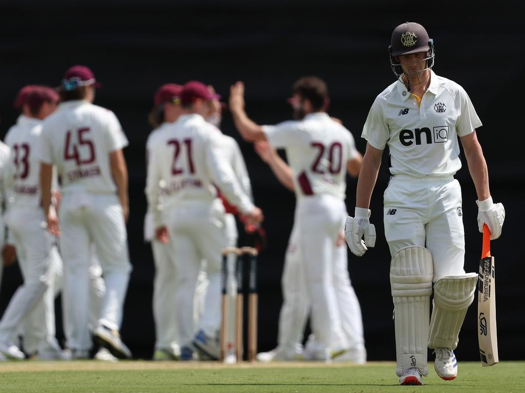 WA’s Cameron Bancroft walks from the field after being dismissed by Michael Neser. Picture: Getty Images