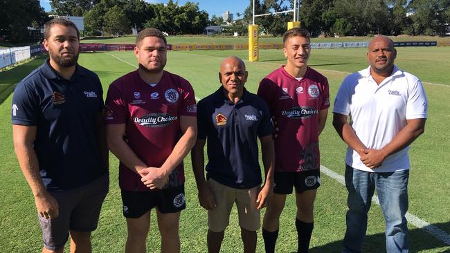 Kenny Hill, Marsden SHS’s George Lee, Ricky Bird, Marsden SHS’s Konrad Tu'ua and Selwyn Apanui ahead of the Langer Cup indigenous round being hosted by Marsden State High School. The indigenous round match will focus on the Healthy Choices campaign.