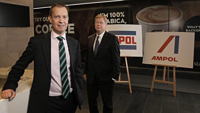 Ampol CEO Matt Halliday, left, and chairman Steven Gregg. Picture: Adam Yip