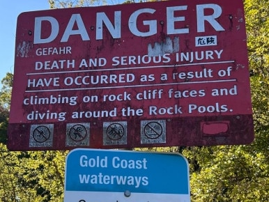 Safety signage at the Currumbin Rock Pools.