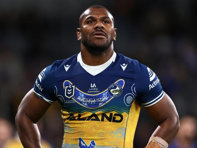 SYDNEY, AUSTRALIA - JULY 08:  Maika Sivo of the Eels looks on during the round 19 NRL match between Parramatta Eels and New Zealand Warriors at CommBank Stadium on July 08, 2023 in Sydney, Australia. (Photo by Matt Blyth/Getty Images)