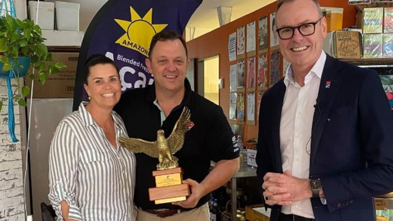 From delivering pizzas in the early ’90s Sunshine Coast dad David Burness, pictured with wife Melissa, has climbed the leadership ladder to pick up one of the top jobs. Picture: Supplied