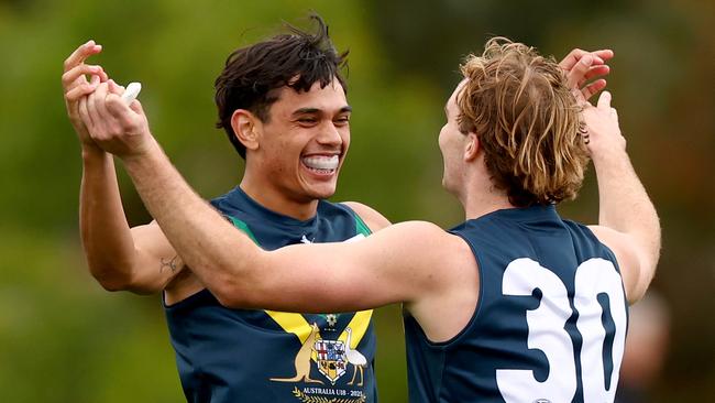 PBC’s Dylan Patterson of the AFL National Academy is congratulated by Dyson Sharp after kicking a goal during the Marsh AFL National Academy Boys match between Australia U18 and Coburg VFL at Whitten Oval on April 27, 2025 in Melbourne, Australia. (Photo by Josh Chadwick/AFL Photos/via Getty Images)