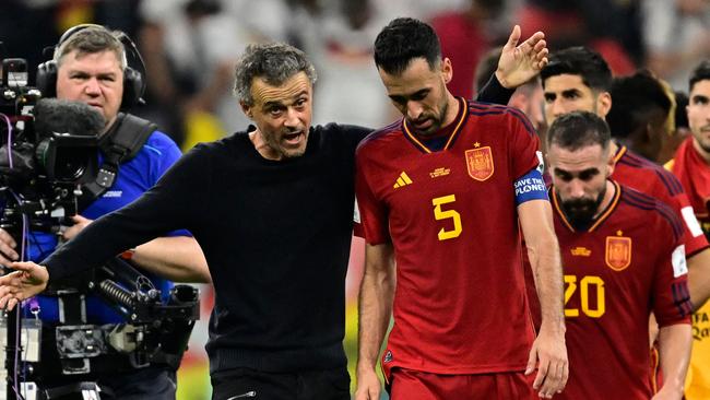 Spanish midfielder Sergio Busquets (C-R) speaks to coach Luis Enrique.