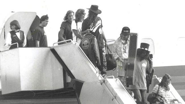 Guns N’ Roses arrive at Melbourne Airport in 1993. Picture: HWT archives