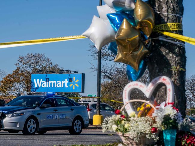 A memorial is seen at the site of a fatal shooting in a Walmart in Chesapeake, Virginia. Picture: AFP.