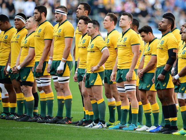 The Wallabies before a Bledisloe clash against New Zealand in 2018.