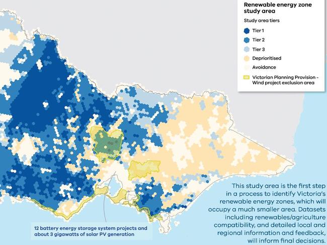 Renewable Energy study zones, which will be used to help identify areas which play a role in solar, wind and transmission projects in 2025 and beyond. Source: VicGrid