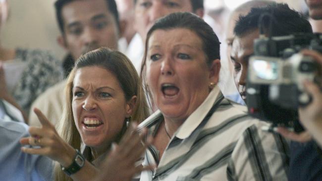 Schapelle Corby's mother, Roseleigh Rose and sister Mercedes Corby shouting after the verdict (Photo by Dimas Ardian/Getty Images)