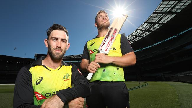 Close mates and former housemates Aaron Finch and Glenn Maxwell. Picture: Alex Coppel