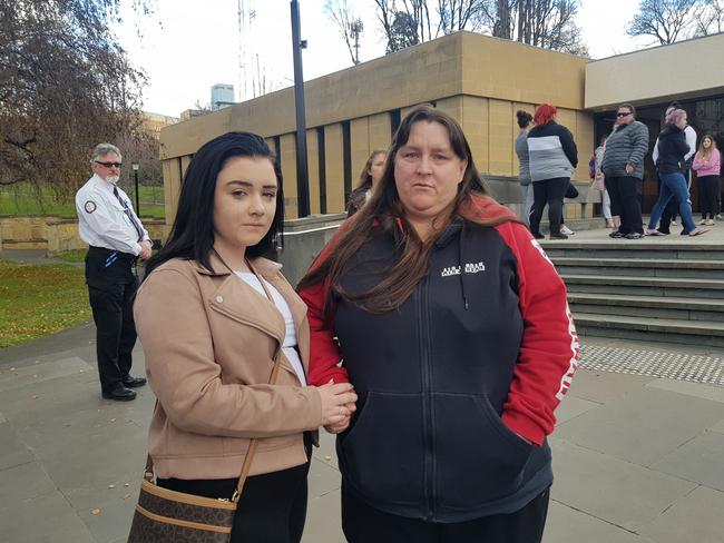 Murder victim Jarrod Leigh Turner's little sister Lakeisha Pearce, 15, and mother Michelle Bradley outside the Supreme Court of Tasmania on Monday. Picture: AMBER WILSON