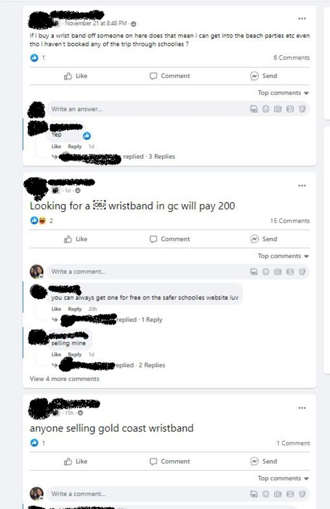 Screenshots of people buying and selling schoolies wristbands on Facebook community groups.