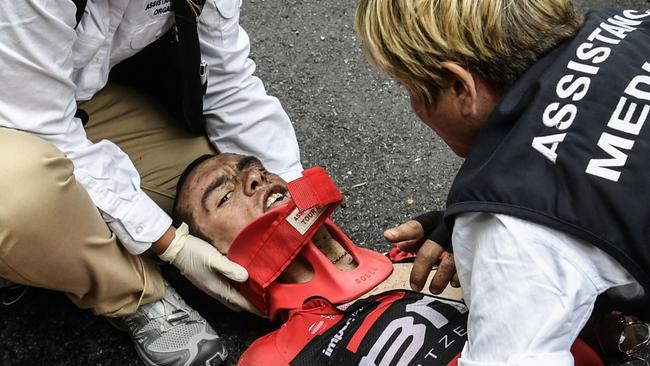 Richie Porte receives medical assistance after falling in last year’s Tour de France Photo: AFP/Philippe Lopez