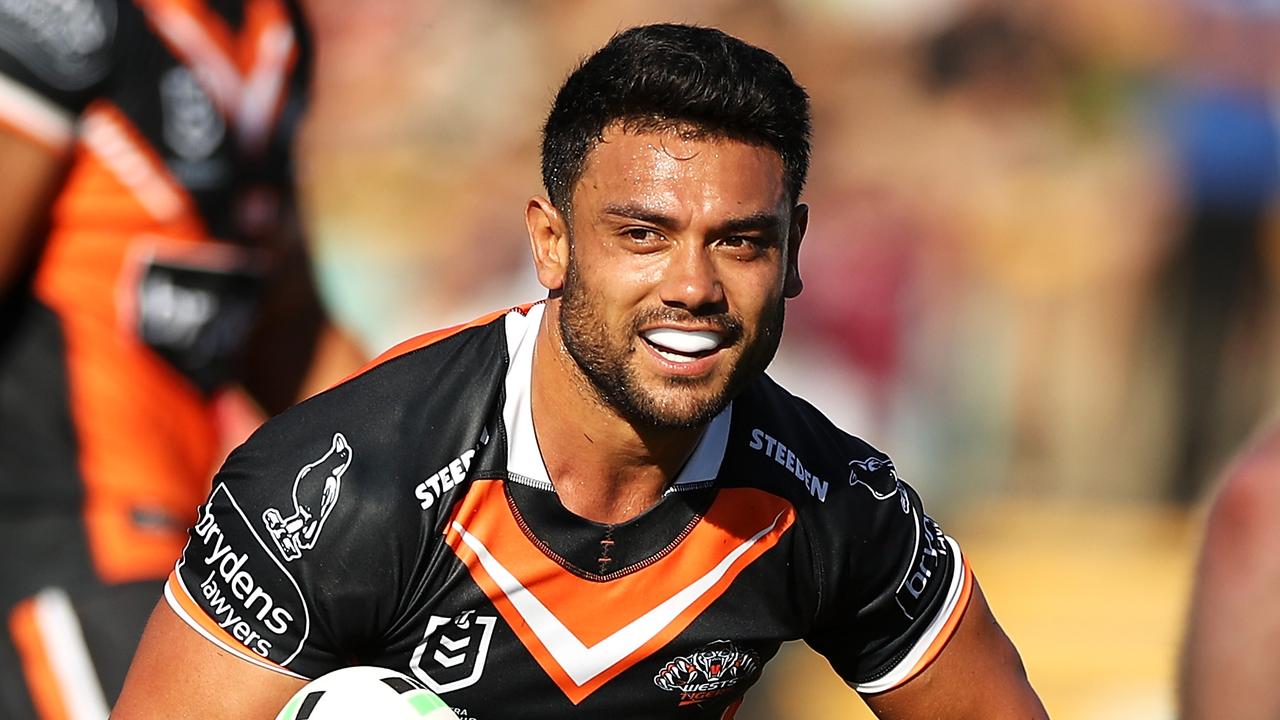 SYDNEY, AUSTRALIA - FEBRUARY 28: David Nofoaluma of the Tigers runs the ball during the NRL Trial Match between the Wests Tigers and the Manly Sea Eagles at Leichhardt Oval on February 28, 2021 in Sydney, Australia. (Photo by Mark Kolbe/Getty Images)