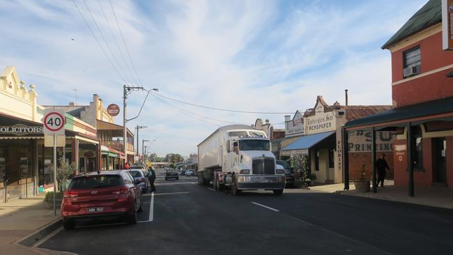 Large trucks were permitted to use Gooramadda Road to avoid the narrow Rutherglen main street in 2013.