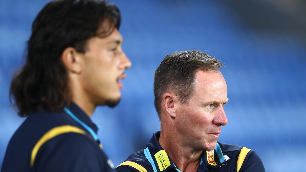 GOLD COAST, AUSTRALIA - FEBRUARY 19: Titans coach Justin Holbrook looks on during the NRL trial match between the Gold Coast Titans and the Brisbane Broncos at Cbus Super Stadium on February 19, 2022 in Gold Coast, Australia. (Photo by Chris Hyde/Getty Images)