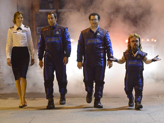 Michelle Monaghan, Adam Sandler, Josh Gad and Peter Dinklage in a scene from Pixels. Picture: Splash News