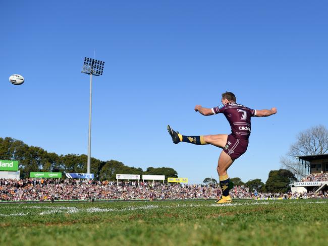 Daly Cherry-Evans attempts a conversion kick at Brookvale. Picture: AAP