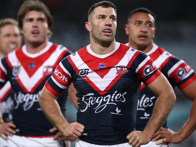 SYDNEY, AUSTRALIA - SEPTEMBER 25:  James Tedesco of the Roosters reacts after a Rabbitohs try during the round 20 NRL match between the South Sydney Rabbitohs and the Sydney Roosters at ANZ Stadium on September 25, 2020 in Sydney, Australia. (Photo by Cameron Spencer/Getty Images)