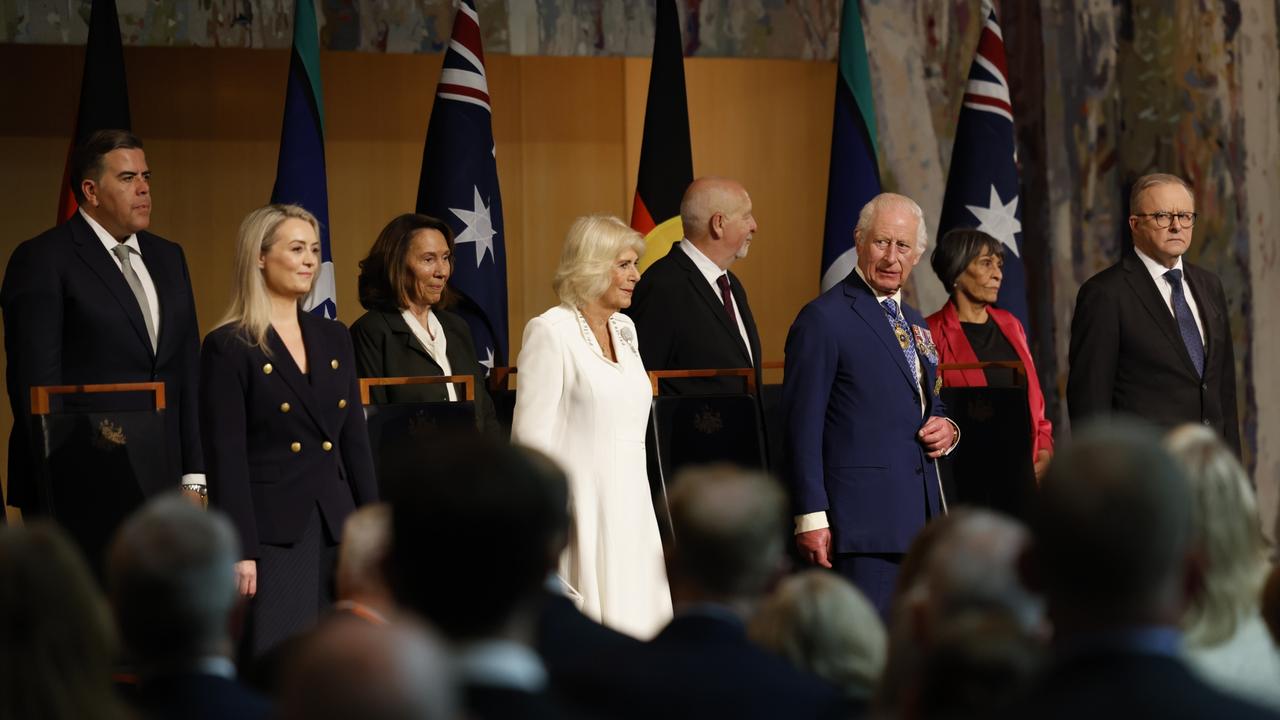 King Charles and Queen Camilla stand in the Great Hall on Monday. Picture: NewsWire / David Beach