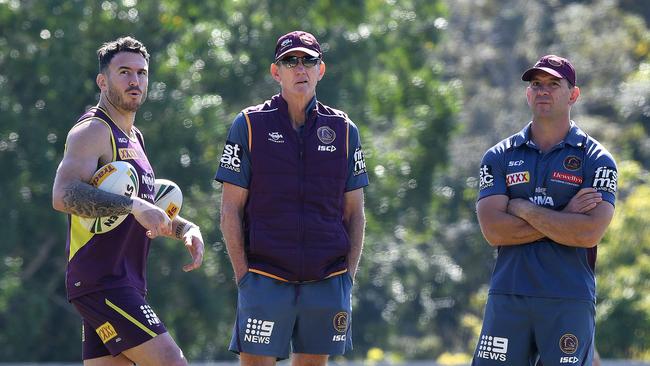 Darius Boyd, Wayne Bennett and Jason Demetriou at training in August.