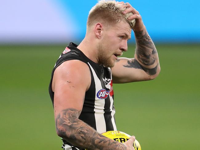 PERTH, AUSTRALIA - JULY 16: Jordan De Goey of the Magpies looks on during the round 7 AFL match between the Geelong Cats and the Collingwood Magpies at Optus Stadium on July 16, 2020 in Perth, Australia. (Photo by Paul Kane/Getty Images)