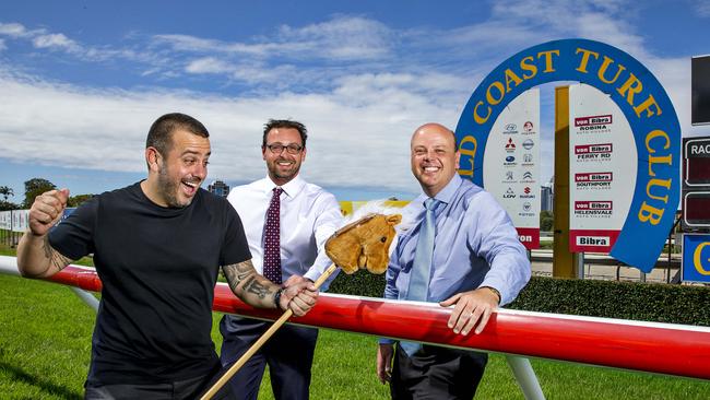 To go with story revealing The high profile GC co-owners of a Magic Millions horse, officially called GoGoldCoast. (l-r) Simon Gloftis, Andrew Henderson and Luke Henderson. Picture: Jerad Williams