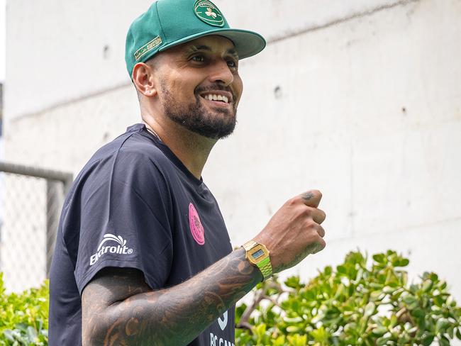 MELBOURNE, JANUARY 9, 2025: Tennis stars Nick Kyrgios, Frances Tiafoe and Naomi Osaka play pickeball on the QT Melbourne hotel rooftop. Picture: Mark Stewart