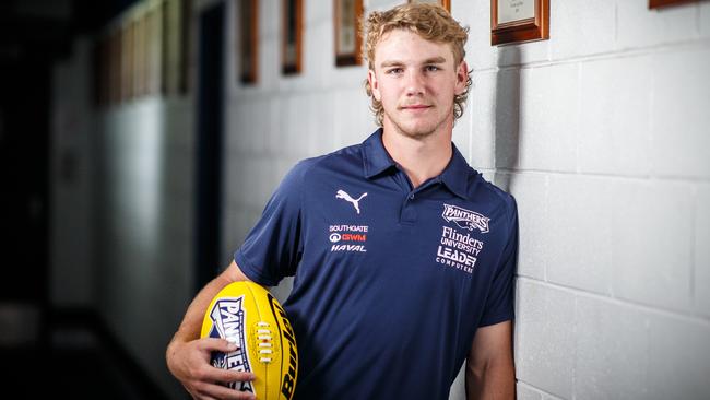 South Adelaide likely No. 1 AFL draft pick Jason Horne-Francis pictured in his old South Adelaide Football Club change rooms at Noarlunga Downs on November 23, 2021. Picture Matt Turner.