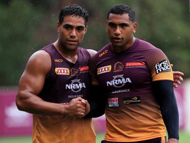 Joe Ofahengaue and Tevita Pangai Junior together at a Broncos training session. Picture: Adam Head