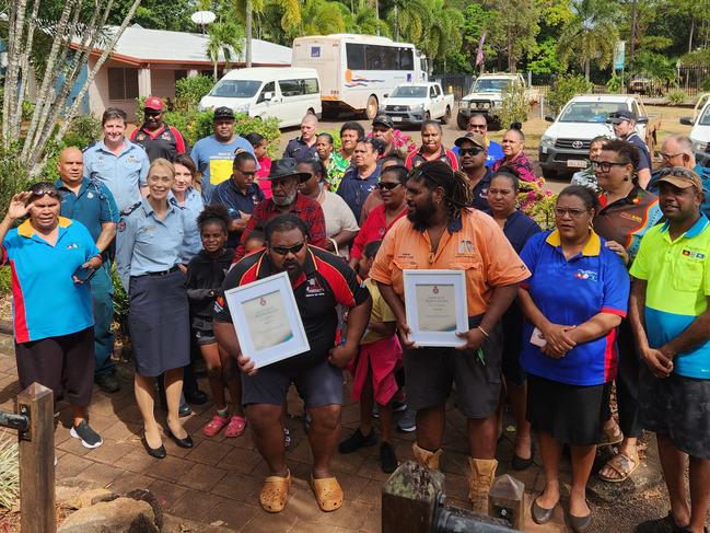 Awardees  Rangers Frankie Cook and Trevor Nona  with family and colleagues at ceremony at Bamaga. Picture: NPARC