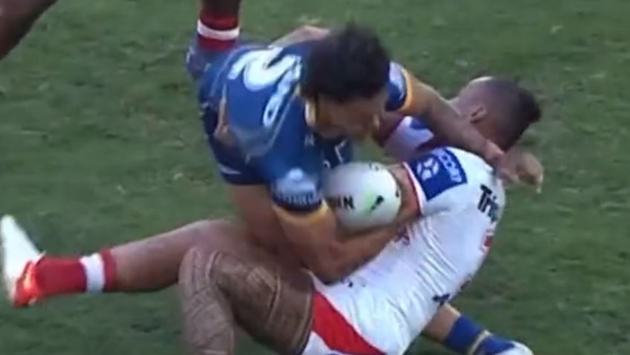 Tackle on Haze Dunster by Tyrell Fuimaono left the Eels winner in a mangled mess.