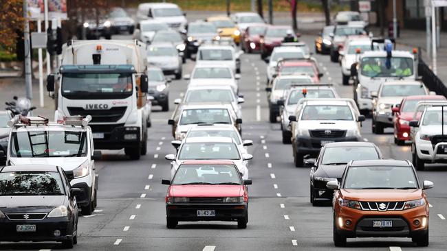 Traffic in Davey Street Hobart at around 8.45am. Traffic on the road is increasing again due to the easing of COVID-19 restrictions with the return to school for many students. Picture: NIKKI DAVIS-JONES