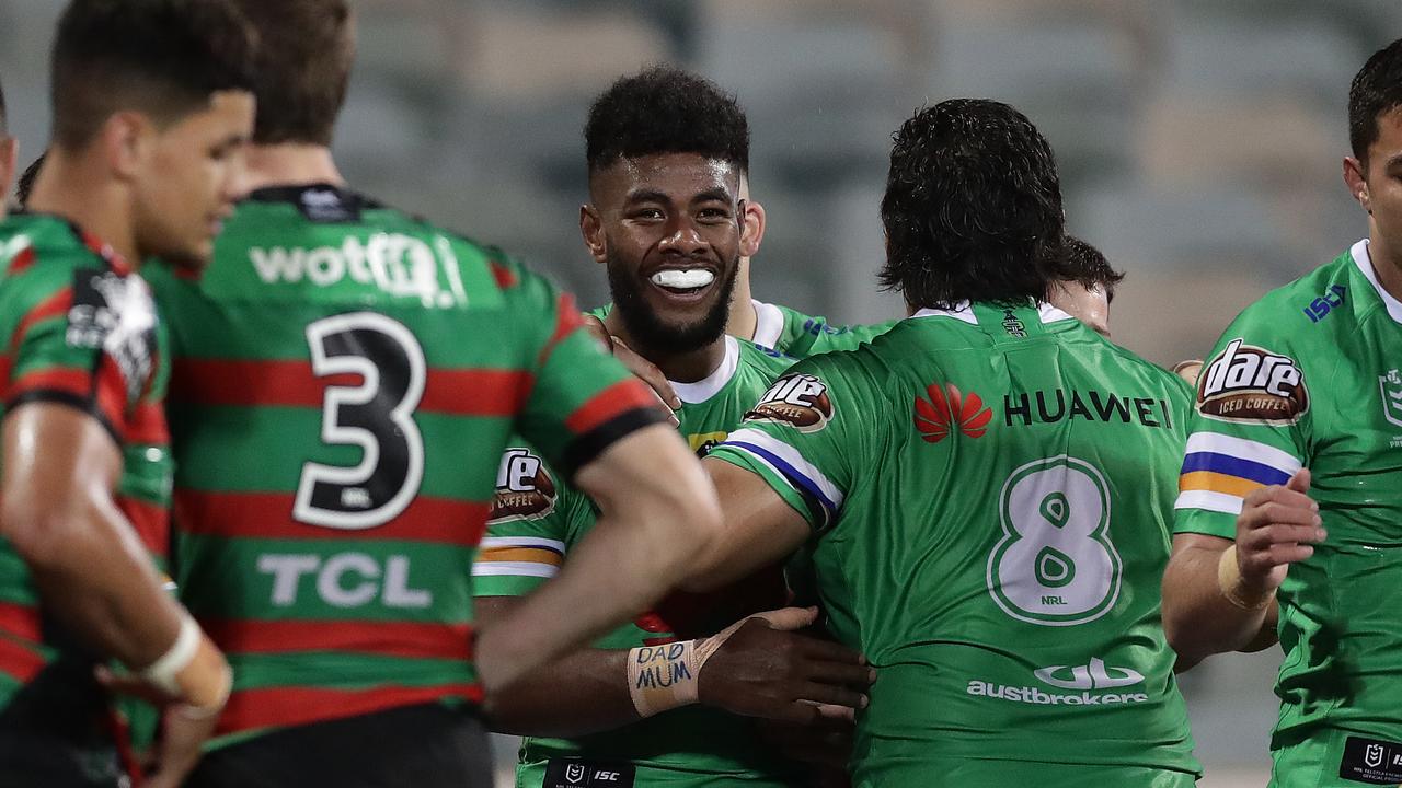 Semi Valemei of the Raiders celebrates a try.