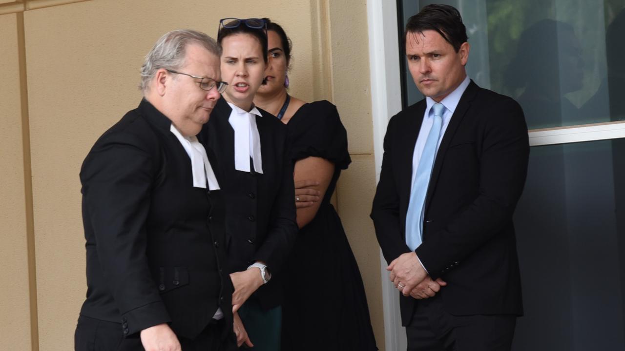 Crown prosecutor Damien Jones (left) alongside members of the prosecution and a court liaison officer (back) on day three of Eliasoa Thomas Wasaga's murder trial at the Supreme Court at Darwin, October 30, 2024. Picture: Alex Treacy