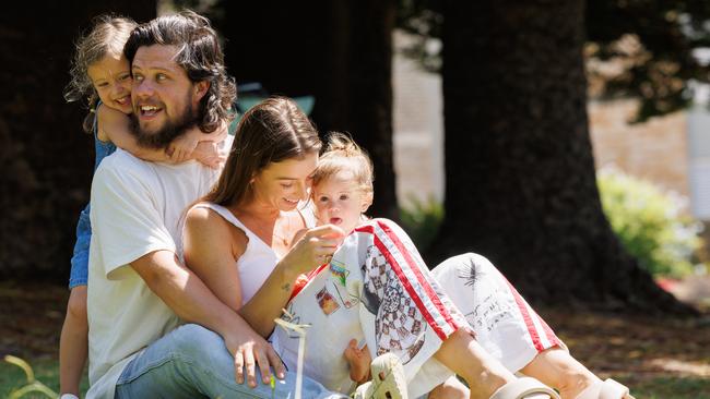 Australian Idol singer Dylan Wright with his family: wife Georgia and their two children Piper, 4, and Rivi, 1 at Cronulla’s Shelley Beach. Picture: Tim Pascoe/The Daily Telegraph.