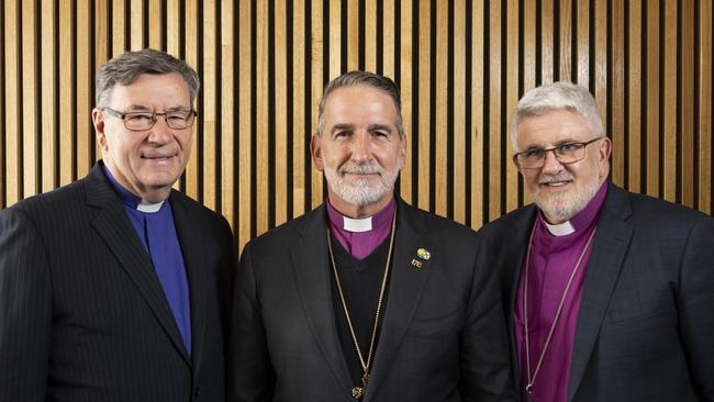 Bishop Glenn Davies, left, Reverend Foley Beach and Bishop Richard Condie at the National Convention Centre in Canberra. Picture: Martin Ollman