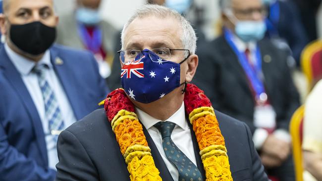 Prime Minister Scott Morrison, seen during a visit to an Australian Indian Community Centre in Rowville, Melbourne, Victoria, emerges as brittle and antsy in this portrait by Nine columnist Sean Kelly